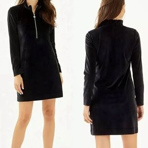 Lilly Pulitzer Skipper Popover Velour Dress XS in Onyx +Ruffle Zip Up Neck $158